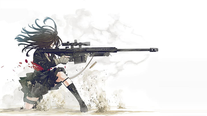 アニメ、アニメの女の子、銃、小崎裕介、オリジナルキャラクター、スナイパーライフル、武器、白背景、 HDデスクトップの壁紙