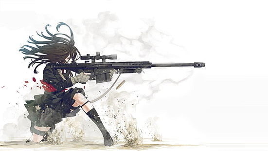 ilustrasi pistol hitam, anime, pistol, senjata, gadis anime, latar belakang putih, senapan sniper, Kozaki Yuusuke, karakter asli, darah, rambut hitam, latar belakang sederhana, gadis dengan senjata, Wallpaper HD HD wallpaper