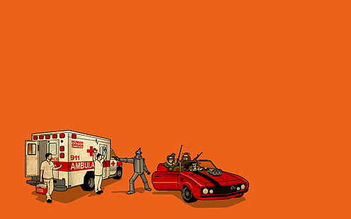 Fondo de pantalla gráfico de ambulancia de mago de Oz, El mago de Oz, coche, humor, crossover, minimalismo, obras de arte, fondo naranja, Fondo de pantalla HD HD wallpaper