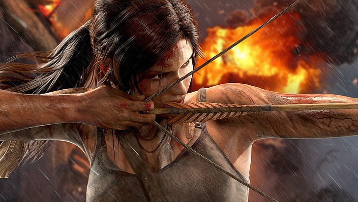 Frau hält Pfeil und Bogen Illustration, Tomb Raider, Pfeile, Blut, Explosion, Lara Croft, Videospiele, HD-Hintergrundbild