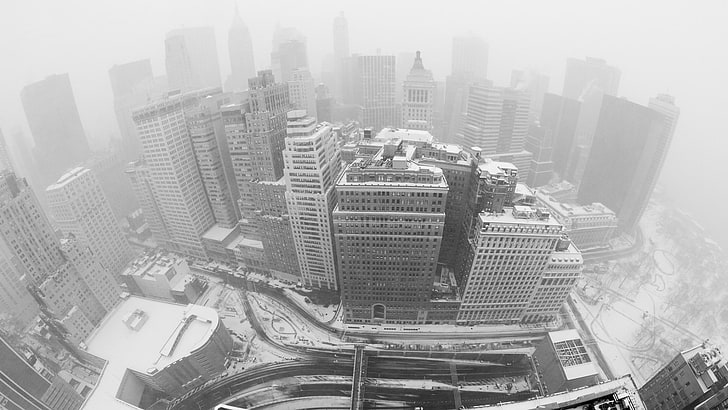 photographie en niveaux de gris des immeubles de grande hauteur, paysage urbain, ville, monochrome, bâtiment, brouillard, hiver, New York City, Fond d'écran HD