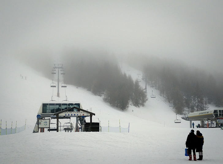 narty, chmury, mgła, zima, śnieg, Tapety HD