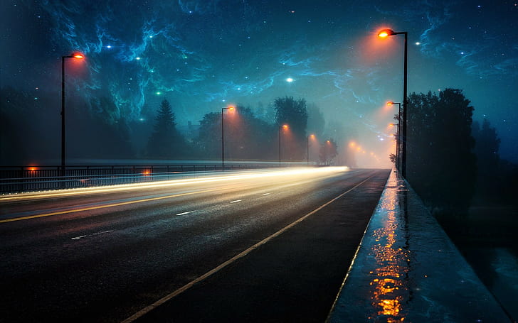 туманность космическое освещение огни дорога вечерний дождь, HD обои