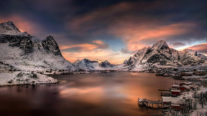 Norwegia, Reine, Lofoty, chmury, zachód słońca, góry, Tapety HD