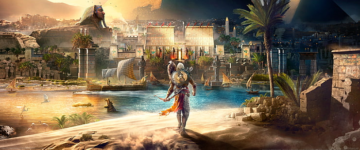 ألعاب الفيديو ، الصحراء ، فائقة السرعة ، فائقة الاتساع ، Assassin's Creed: Origins ، Assassin's Creed، خلفية HD HD wallpaper