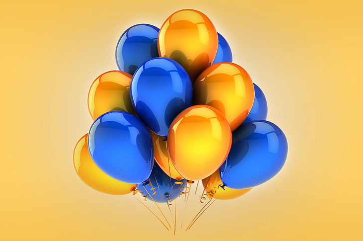 gold and blue balloons, balloons, yellow, blue, celebration, holiday, HD wallpaper