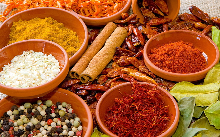 assorted-spice lot, spices, sprinkles, vegetables, dishes, HD wallpaper