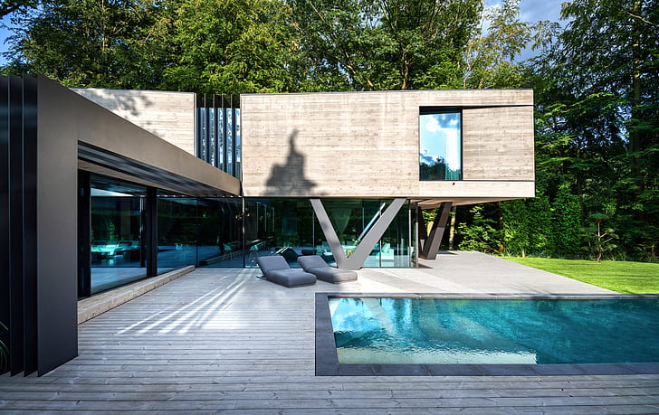 fenêtre, moderne, architecture, maison, piscine, Fond d'écran HD