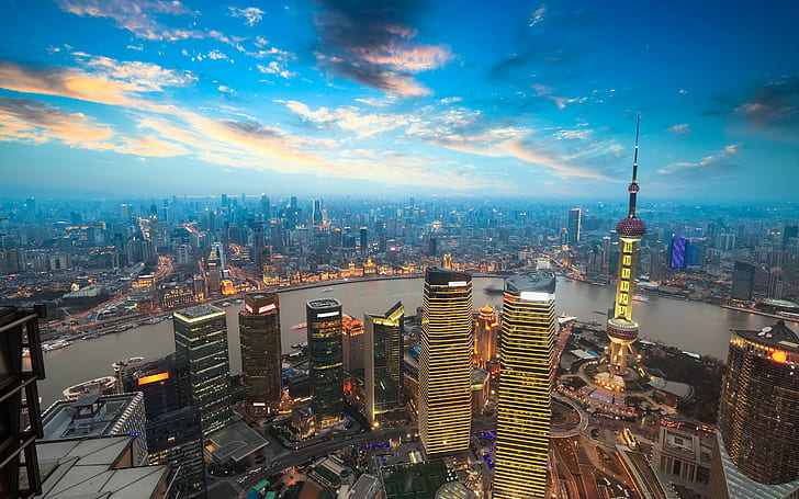 città, paesaggio urbano, Shanghai, Cina, grattacielo, Sfondo HD