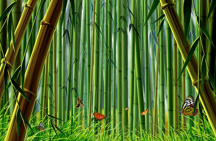 ilustrasi hutan bambu, rumput, kupu-kupu, bambu, Wallpaper HD