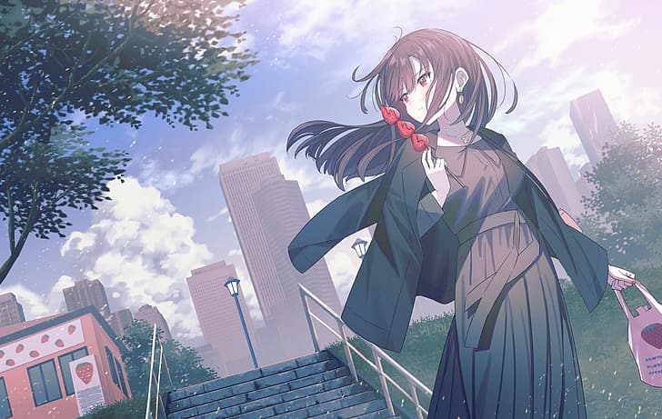 Koh RD, anime girls, outdoors, women outdoors, hair blowing in the wind, sky, clouds, building, looking away, long hair, standing, handrail, strawberries, stairs, brunette, red eyes, necklace, sunlight, earring, closed mouth, smiling, anime, wind, jacket, trees, branch, fruit, food, bag, red nails, painted nails, HD wallpaper