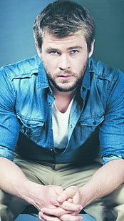 Chris Hemsworth mavi gömlekli, Chris Hemsworth, erkek ünlüler, Chris Hemsworth, mavi, Hollywood, aktör, yakışıklı erkekler, HD masaüstü duvar kağıdı HD wallpaper