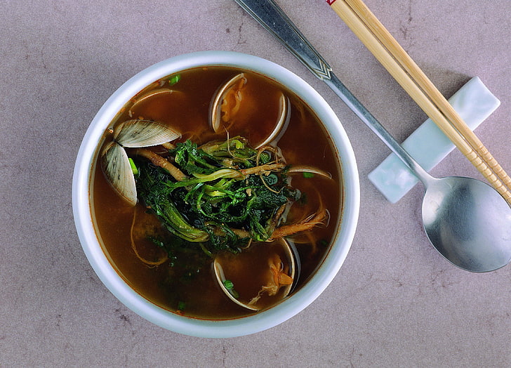 white glass bowl, soup, oysters, seaweed, HD wallpaper