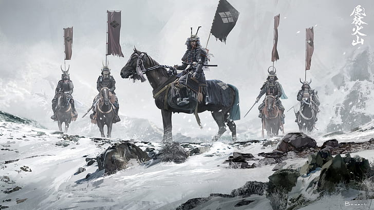 fantasy art, samurai, artwork, horse, snow, mountains, banner, David Benzal, HD wallpaper