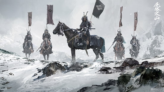 invierno, nieve, Asia, Japón, guerreros, jinetes, pancartas, samurai, señores de la guerra, David Benzal, Asia Legends, Fondo de pantalla HD HD wallpaper