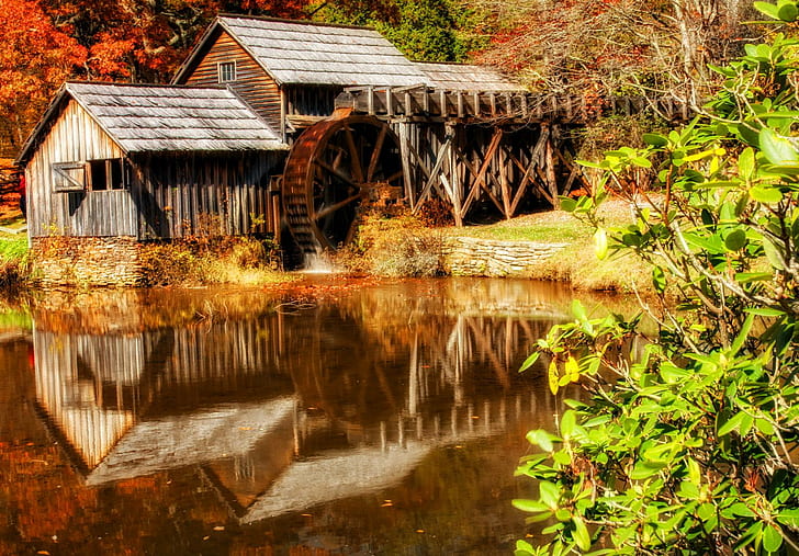 Autumn Mabry mill, mill, nature, afll, leaves, pond, shore, trees, forest, calmness, foliage, mabry-mill, glow, autumn, lake, falling, HD wallpaper