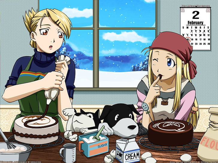 tapeta z dwiema żółtowłosymi postaciami z anime, dziewczyny, kuchnia, ciasto, krem, zwierzęta, psy, Tapety HD