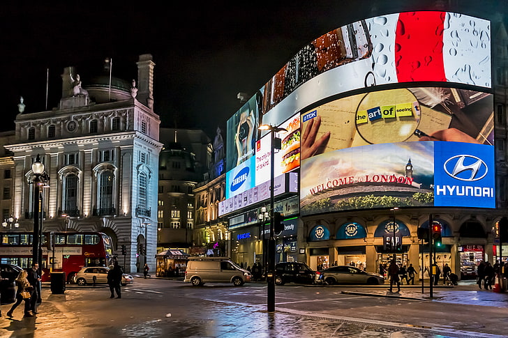 schwarze Laternenpfähle, Nacht, Stadt, die Stadt, London, Zeichen, Großbritannien, UK, Straße, Vereinigtes Königreich, Piccadilly Circus, Leuchtreklamen, Leuchtreklame, HD-Hintergrundbild