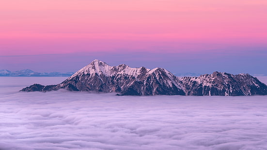 горный хребет со снегом, природа, пейзаж, горы, фотография, облака, снежная вершина, закат, туман, Исландия, HD обои HD wallpaper