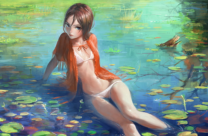 braunhaarige Frauenmalerei, Bikini, nass, NaBaBa (DeviantArt), HD-Hintergrundbild