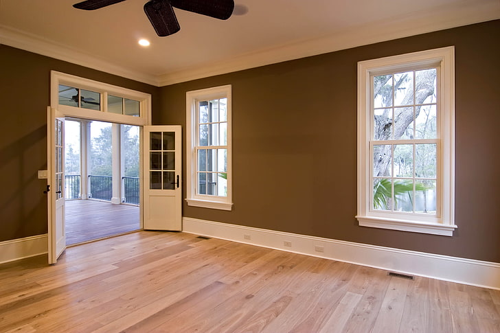 porta de madeira branca, quarto, vazio, janela, porta, HD papel de parede