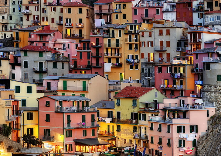 квартални къщи, град, къща, цветни, Италия, Манарола, HD тапет