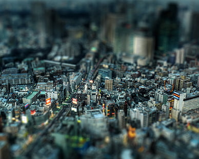 bangunan bertingkat tinggi, fotografi tilt shift skala model kota, tilt shift, cityscape, fotografi, kota, Jepang, Tokyo, Wallpaper HD HD wallpaper