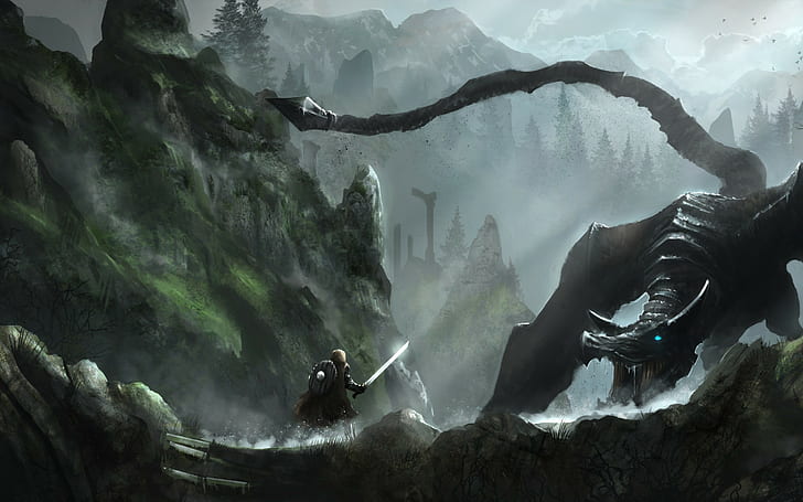 Skyrim, mountains, forest, rocks, dragon, forest, mountains, Skyrim, HD wallpaper