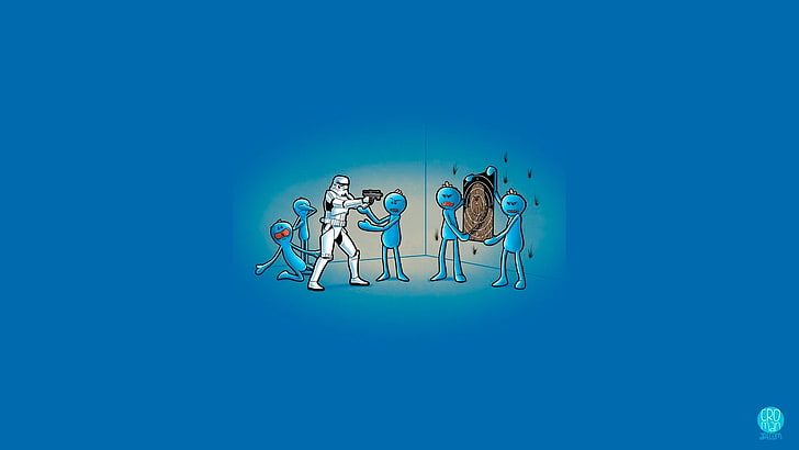 Wallpaper ilustrasi Storm Trooper, Star Wars, stormtrooper, humor, biru, Rick and Morty, Chewbacca, Mr. Meeseeks, Wallpaper HD