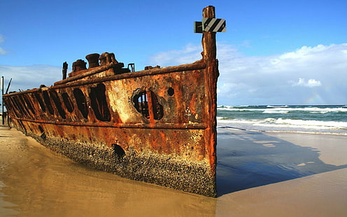 Abandoned rusty boat, rusted wrecked ship, photography, 1920x1200, boat, HD wallpaper HD wallpaper