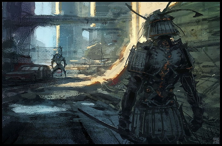 воин, държащ илюстрация на меч, фентъзи, самурай, HD тапет