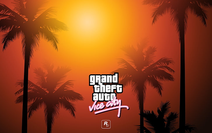 Cubierta de la caja de Grand Theft Auto Vice City, palmeras, la inscripción, Grand Theft Auto, GTA, Vice city, Fondo de pantalla HD