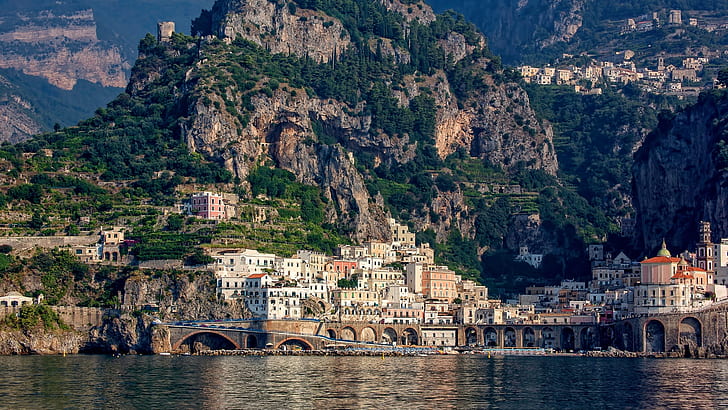 şehir, deniz, peyzaj, İtalya, Amalfi, sahil, kayalar, evler, binalar, defne, kilise, uçurum, HD masaüstü duvar kağıdı