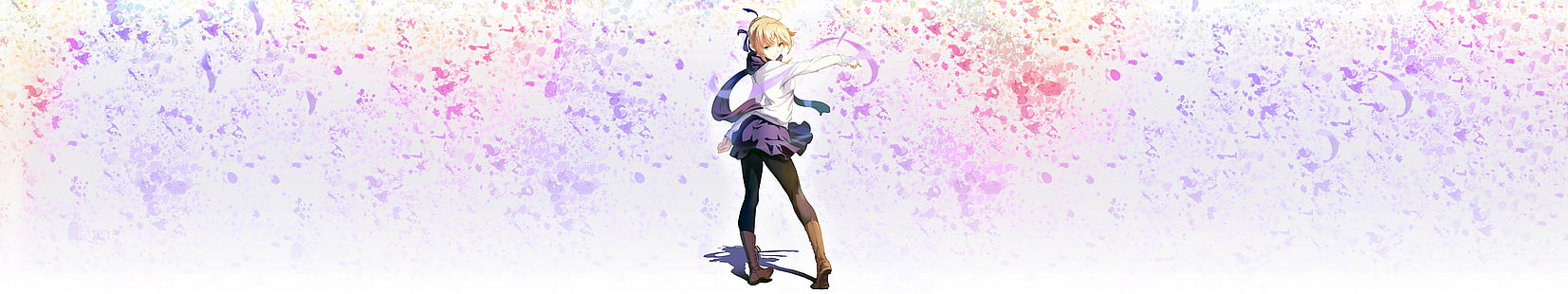 femme en blanc et violet robe papier peint numérique, Sabre, série Fate, filles anime, blonde, écharpe, yeux verts, anime, Fond d'écran HD HD wallpaper