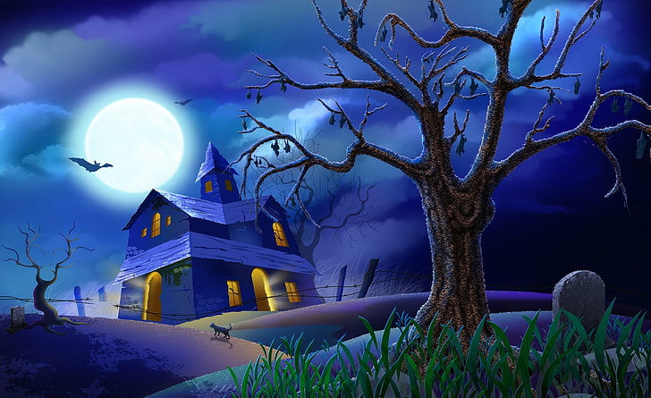 Spooky House Bats Cat Night Full Moon..., haunted house digital wallpaper, Holidays, Halloween, Full, Moon, Night, House, Hallowmas, Spooky, Bats, HD wallpaper