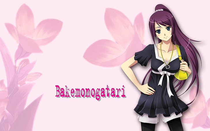 animated female illustration with text overlay, girl, bakemonogatari, cute, brunette, smile, bag, HD wallpaper