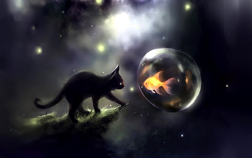 черная кошка и оранжевая рыбка цифровые обои, Apofiss, кошка, золотая рыбка, пузыри, черные кошки, произведение искусства, рыба, светящаяся, фэнтези арт, котята, HD обои HD wallpaper