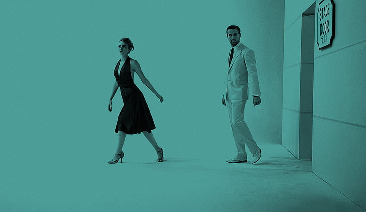 женщина и мужчина выходят из магазина, Эмма Стоун, Райан Гослинг, La La Land, 4K, HD обои
