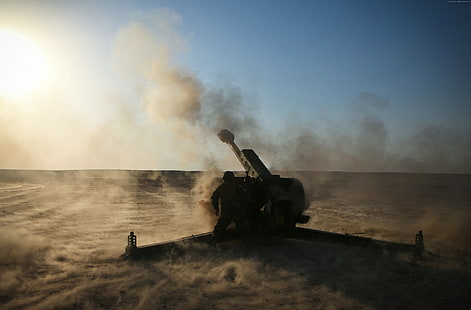 weapon, D-30, artillery, firing, 122-mm, howitzer, desert, sand, 2A18, HD wallpaper HD wallpaper