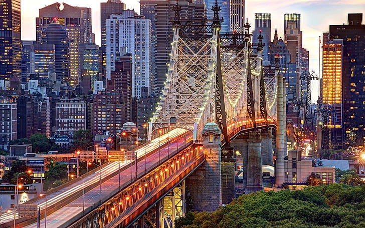 ニューヨーク市、マンハッタン、クイーンズボロ橋、建物、ライト、ニューヨーク、シティ、アメリカ、マンハッタン、クイーンズボロ、橋、建物、ライト、 HDデスクトップの壁紙