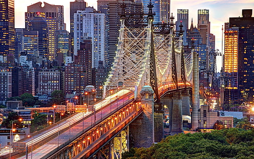 New York City, USA, Manhattan, Queensboro Bridge, buildings, lights, New, York, City, USA, Manhattan, Queensboro, Bridge, Buildings, Lights, HD wallpaper HD wallpaper