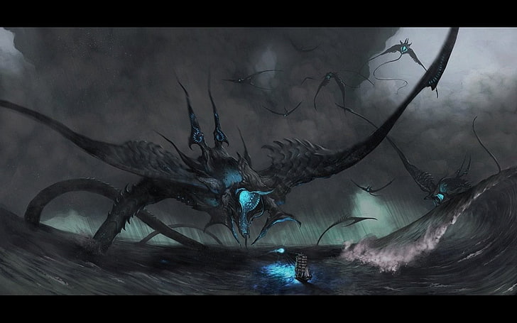 Bildschirmfoto der schwarzen und blauen Monster-Spielanwendung, Kreatur, Meer, Fantasy-Kunst, Schiff, Sturm, HD-Hintergrundbild