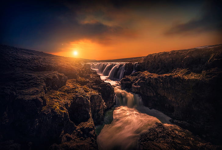 Wasserfall, Sonnenstrahlen, Natur, Landschaft, Sonnenlicht, HD-Hintergrundbild