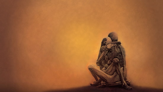 Zdzisław Beksiński, pintura, obra de arte, surreal, arte de fantasia, assustador, horror, polonês, sombrio, detalhado, assustador, abraçando, esqueleto, pesadelo, humanóide, arte tradicional, sombrio, editado, HD papel de parede HD wallpaper