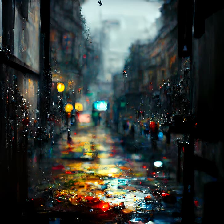 bokeh, painting, colorful, camera, street art, rain, reflection, night, lights, street light, HD wallpaper