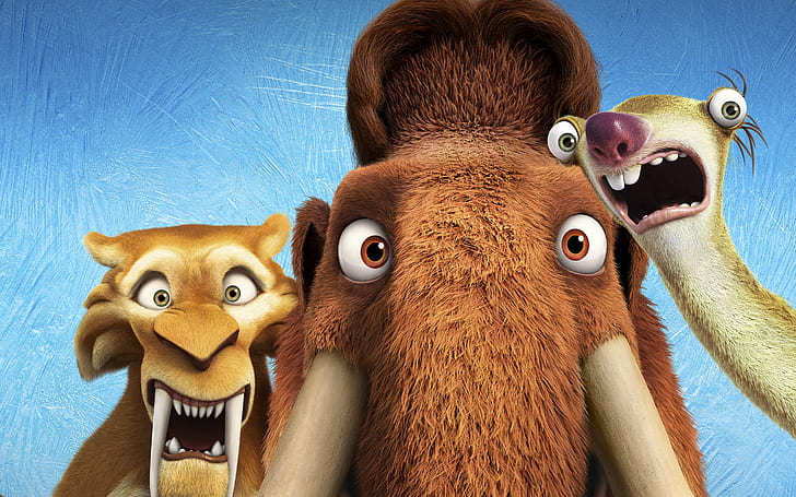 tiger, fright, cartoon, sloth, three, mammoth, characters, Diego, Manny, Sid, Ice Age: Collision Course, Ice age: a Collision is imminent, HD wallpaper