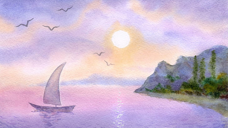Akwarela Sail, wyspa, żaglówka, lawenda, różowy, zachód słońca, drzewa, ptaki, ocean, pastel, wschód słońca, chmury, painti, Tapety HD
