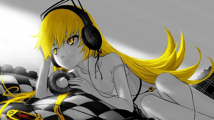 anime, headphones, PSP, Monogatari Series, selective coloring, blonde, yellow eyes, Oshino Shinobu, HD wallpaper