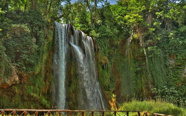 водопади, заобиколени от дървета, пейзаж, природа, водопад, дървета, лиани, HD тапет
