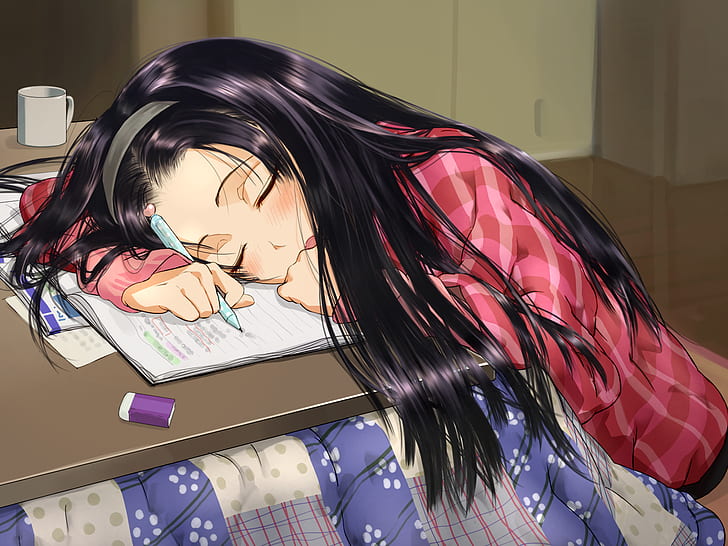 belajar, tidur, rambut hitam, gadis anime, Wallpaper HD
